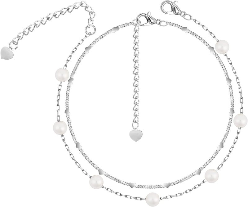 Poxtex Sterling Silver Anklet Bracelets for Women Waterproof, 925 Sliver Plated CZ & Heart Charm Dainty Layer Anklets for Women Trendy, Simple Chain Anklets Set Gifts for Women, Mother Day Jewelry Gifts for Her Women Mom Wife Girlfriend - Image 1